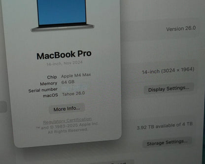 Apple 14" MacBook Pro (M4 Max, Silver) 64GB / 4TB  Laptop - Z1FB000P0